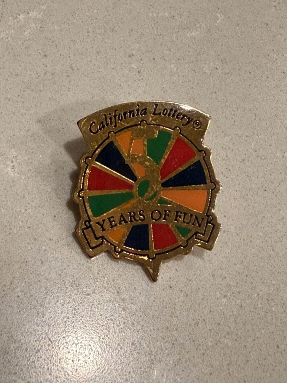 Vintage 90s California Lottery 5 Years Of Fun Lapel Hat Pin Spinning Wheel Clean